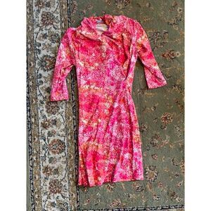 J. McLaughlin Catalina Faux Wrap Dress in Pink Confetti Print, 3/4 sleeve, M